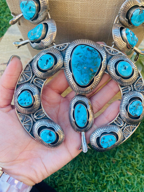 Handcrafted Vintage Kingman Turquoise & Sterling Silver Squash Blossom Necklace