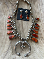 Navajo Orange Spiny And Sterling Silver Squash Blossom Necklace Earrings Set By Selena Warner