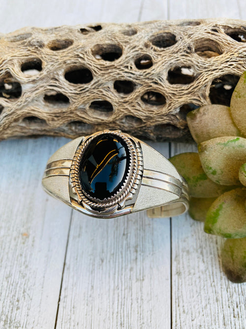 Handcrafted Vintage Onyx & Sterling Silver Cuff Bracelet Signed /