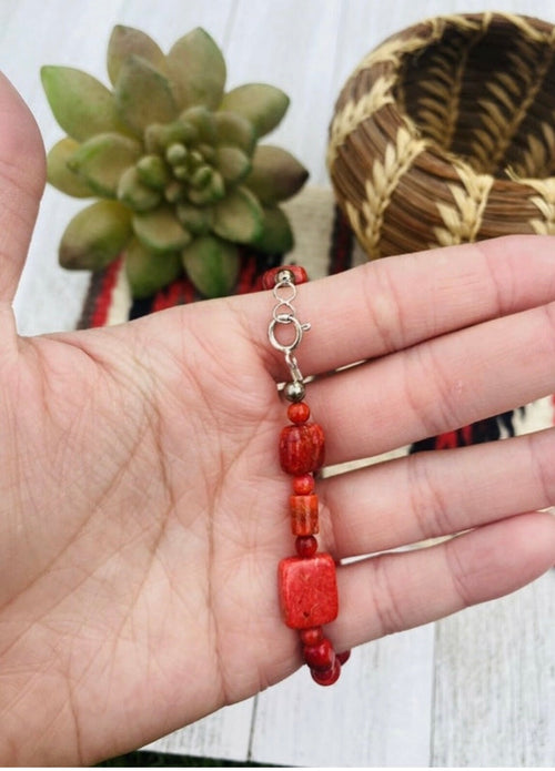 Handcrafted Apple Coral & Sterling Silver Beaded Bracelet