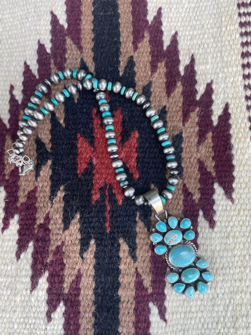 Beautiful Beaded Navajo Sterling Silver and Turquoise Necklace Signed Sheila Becenti