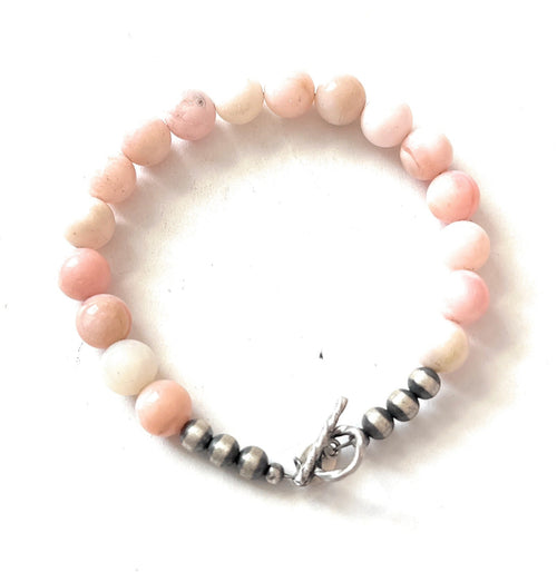 Handcrafted Queen Pink Conch Shell & Sterling Silver Beaded Bracelet