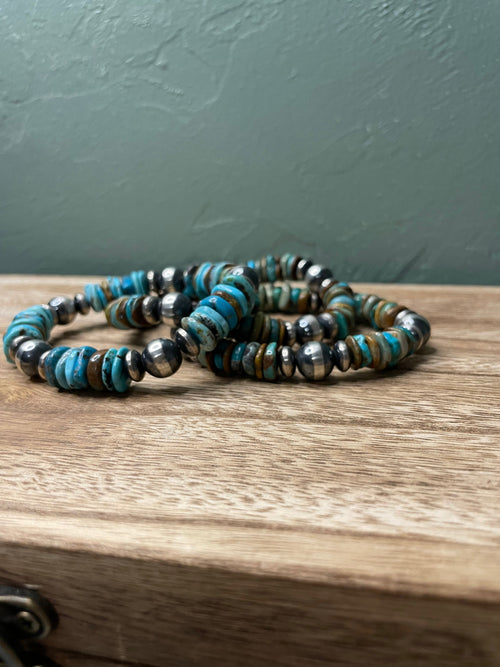 Handcrafted Sterling Silver Stretchy Natural #8 Turquoise Beaded Bracelet