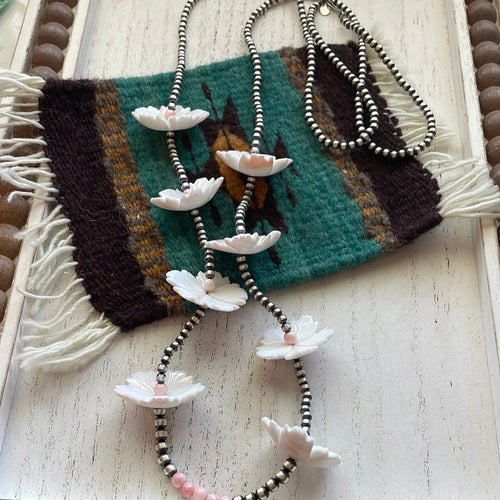 Handcrafted Pink Conch & Sterling Silver Flower Beaded Necklace 48”