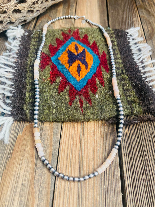 Sterling Silver Handcrafted Pearl & Pink Opal Beaded Necklace 20 inch