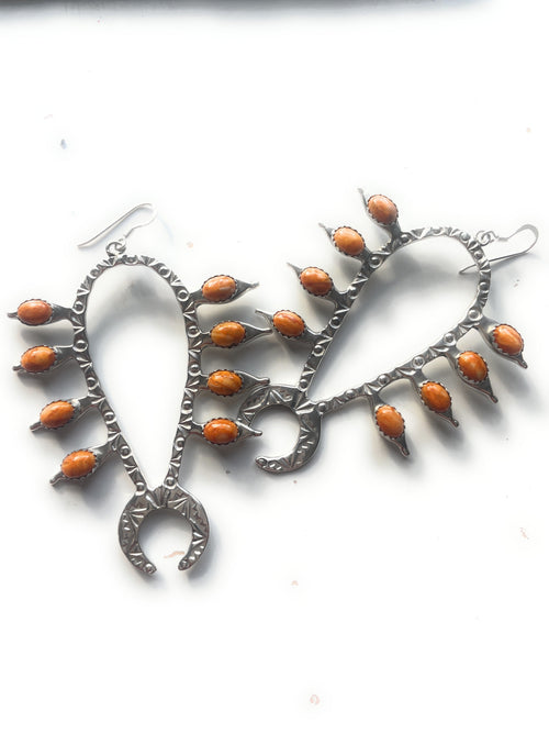 Handcrafted Sterling Silver & Orange Spiny Squash Blossom Dangle Earrings Signed