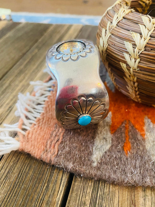 Old Pawn Vintage Navajo Turquoise & Hand Stamped Sterling Silver Watch Cuff-