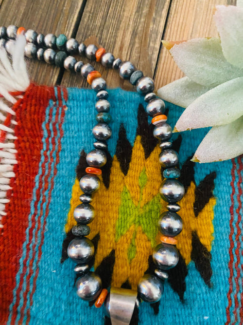 Navajo Sterling Silver, Turquoise & Spiny Oyster Beaded Necklace by Sheila Becenti