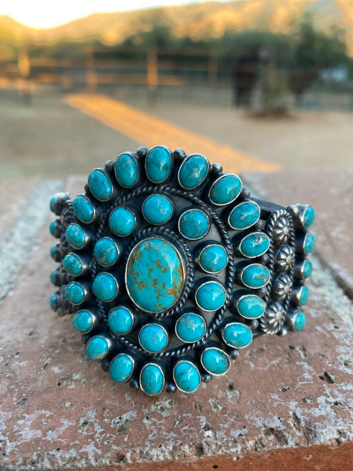Handcrafted Vintage Turquoise & Sterling Cluster Cuff /