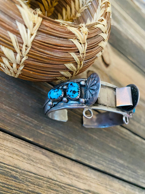 Old Pawn Vintage Navajo Turquoise & Sterling Silver Watch Cuff Signed