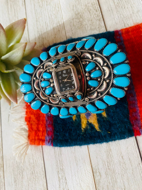 Old Pawn Vintage Navajo Turquoise & Sterling Silver Cluster Watch Cuff /