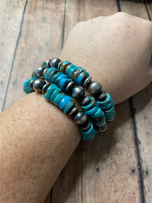 Handcrafted Sterling Silver Stretchy Natural #8 Turquoise Beaded Bracelet 10mm pearl