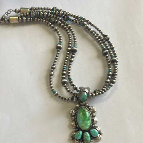 Beautiful Navajo Sterling Silver 3 Strand Beaded Turquoise Necklace With Pendant Signed Gilbert Tom
