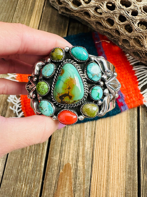 Navajo Old Pawn Turquoise, Coral & Sterling Silver Cuff Bracelet /