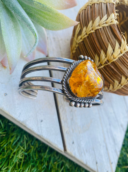 Handcrafted Vintage Topaz & Sterling Silver Cuff Bracelet Signed