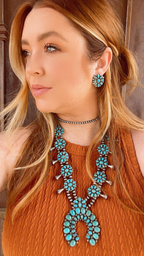 Handcrafted Royston Turquoise & Sterling Squash Blossom Set by Kathleen Chavez