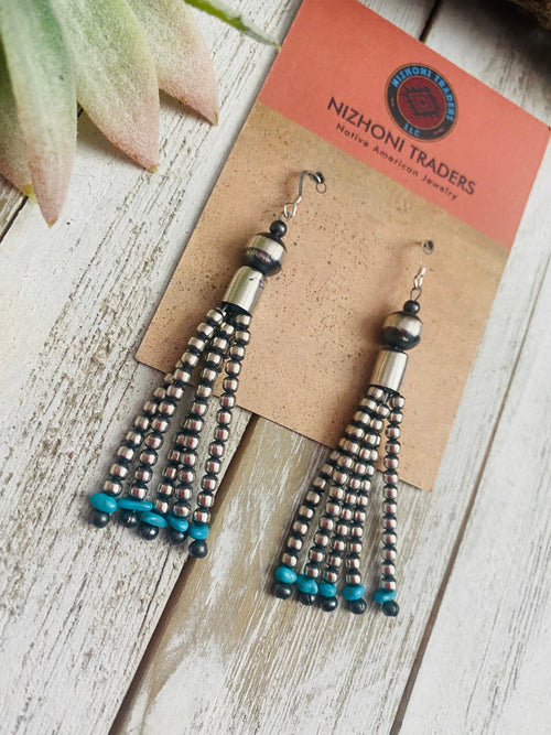 Handcrafted Turquoise & Sterling Silver Pearl Beaded Tassel Dangle Earrings