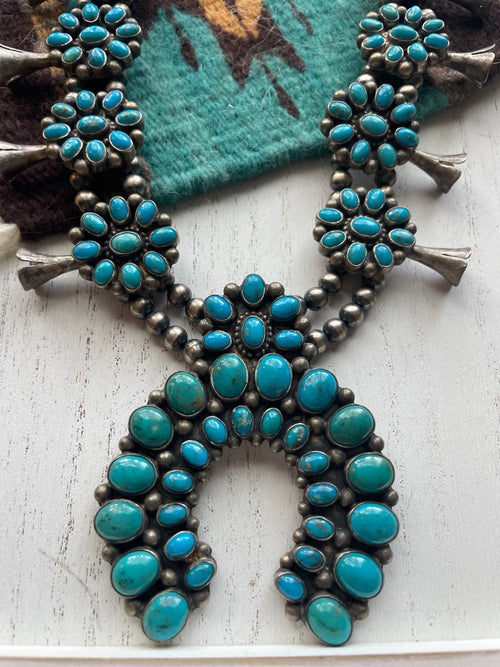 Handcrafted Royston Turquoise & Sterling Squash Blossom Set by Kathleen Chavez