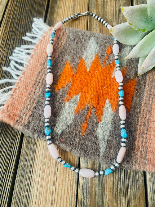 Handcrafted Sterling Silver Pearl, Turquoise & Queen Pink Conch Beaded Necklace 18”