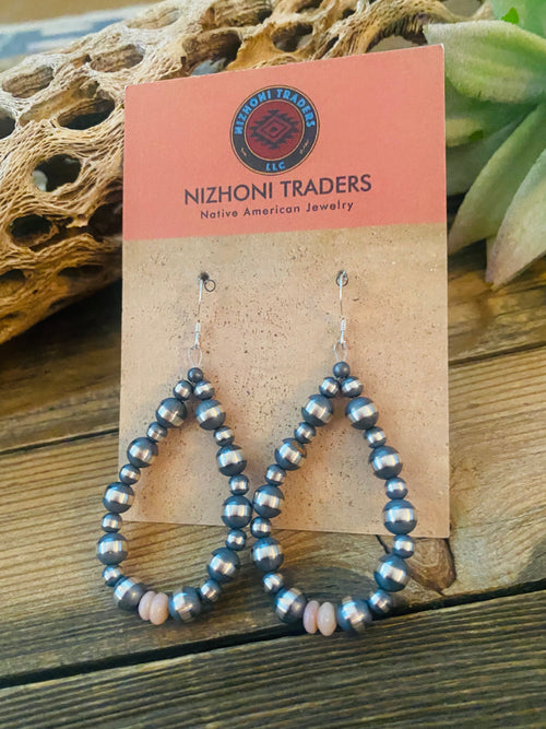 Handcrafted Sterling Silver Pearl & Pink Opal Dangle Hoop Earrings