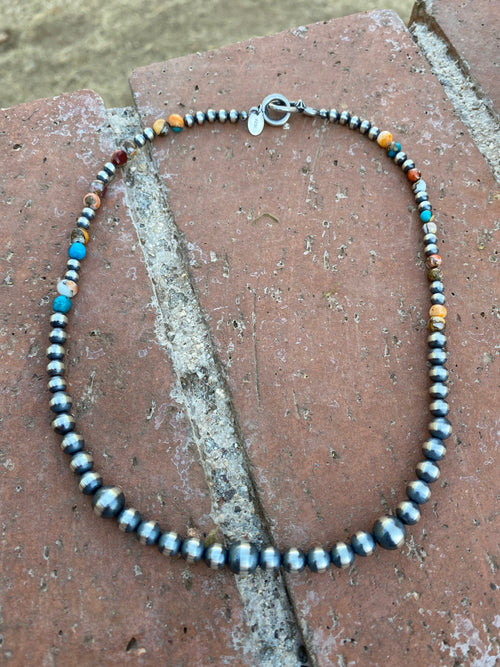 Handcrafted Turquoise & Spiny Spice Sterling Silver Beaded Necklace 16 inch