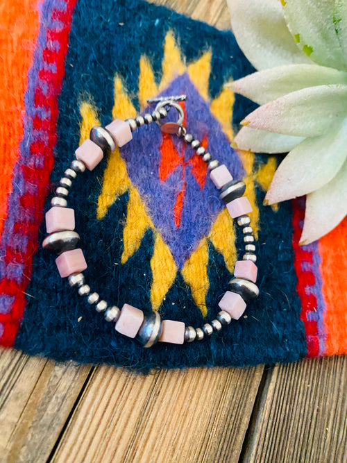 Queen Pink Conch Shell & Sterling Silver Beaded Bracelet