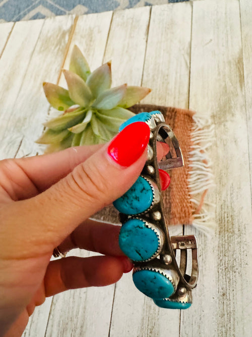 Navajo Old Pawn Vintage Kingman Turquoise & Sterling Silver Cuff Bracelet /