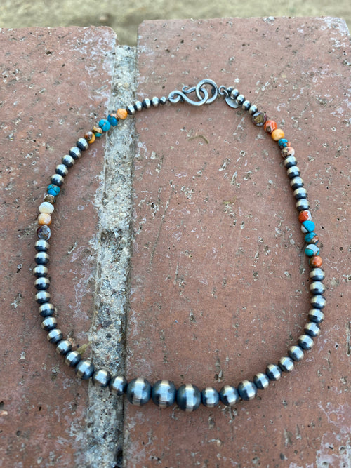 Handcrafted Turquoise & Spiny Spice Sterling Silver Beaded Necklace 14 inch