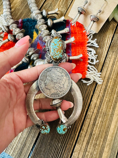 Navajo James McCabe Turquoise & Sterling Silver Liberty Coin Squash Blossom Necklace Set