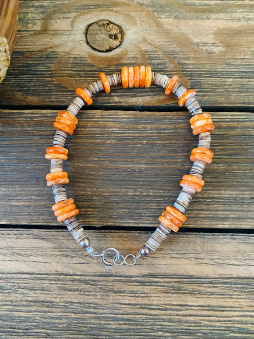 Handcrafted Orange Spiny, Heishi & Sterling Silver Beaded Bracelet