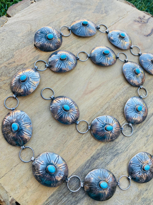 Handcrafted Vintage Turquoise & Sterling Silver Concho Belt