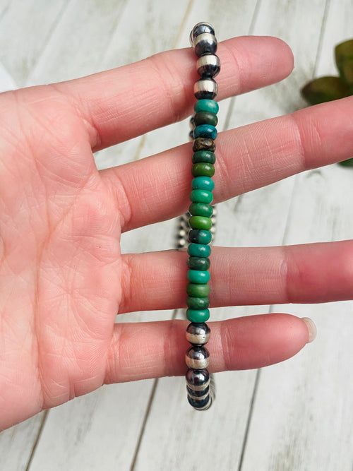 Handcrafted Turquoise & Sterling Silver Beaded Necklace 20”