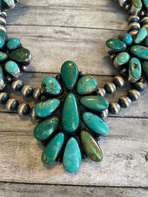 Navajo Beaded Sterling Silver & Royston Turquoise Necklace & Earring Set by Ella Peter