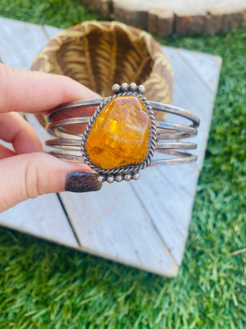 Handcrafted Vintage Topaz & Sterling Silver Cuff Bracelet Signed