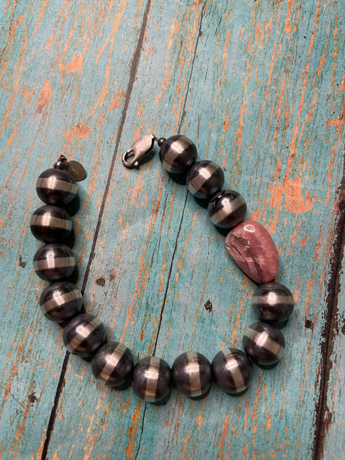 Handcrafted Sterling Silver And Rhodochrosite 12mm Beaded Bracelet
