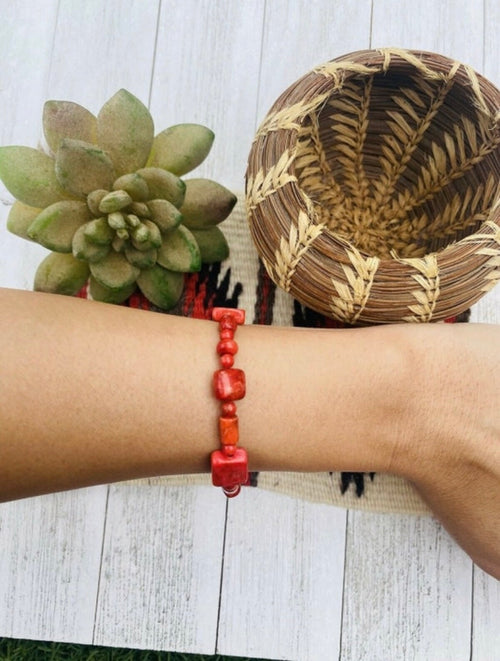 Handcrafted Apple Coral & Sterling Silver Beaded Bracelet