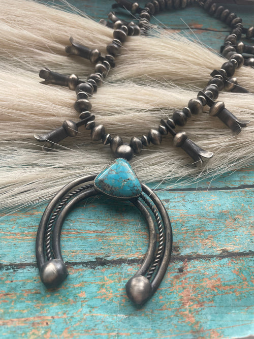 Vintage Navajo Kingman Turquoise & Sterling Silver Beaded Squash Blossom Necklace Signed