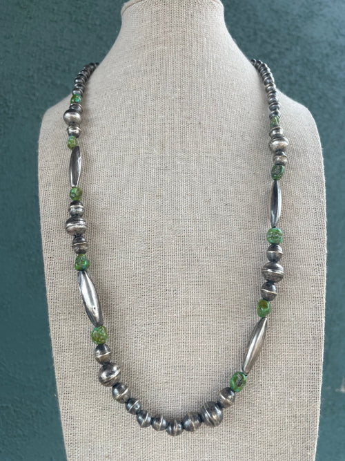 Handcrafted Sonoran Gold Turquoise And Sterling Silver Beaded Necklace 24”