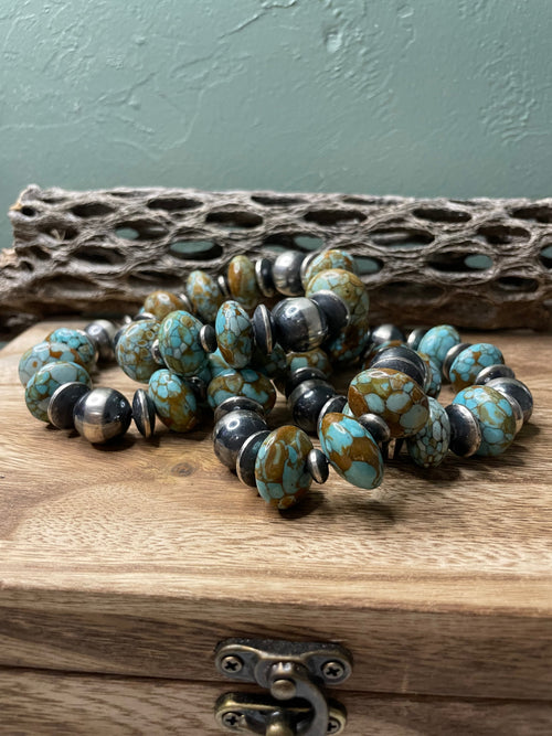 Handcrafted Sterling Silver Stretchy Natural #8 Turquoise Beaded Bracelet 16 mm pearl