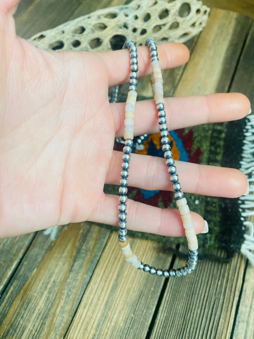 Sterling Silver Handcrafted Pearl & Pink Opal Beaded Necklace 20 inch