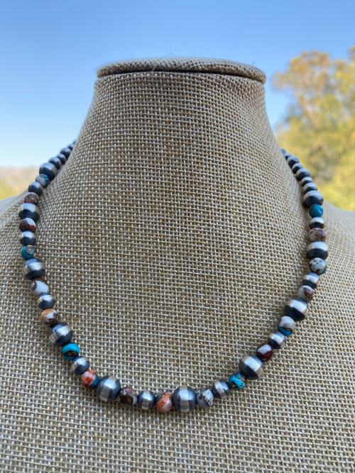 Handcrafted Turquoise & Spiny Spice Sterling Silver Beaded Necklace 16 inch
