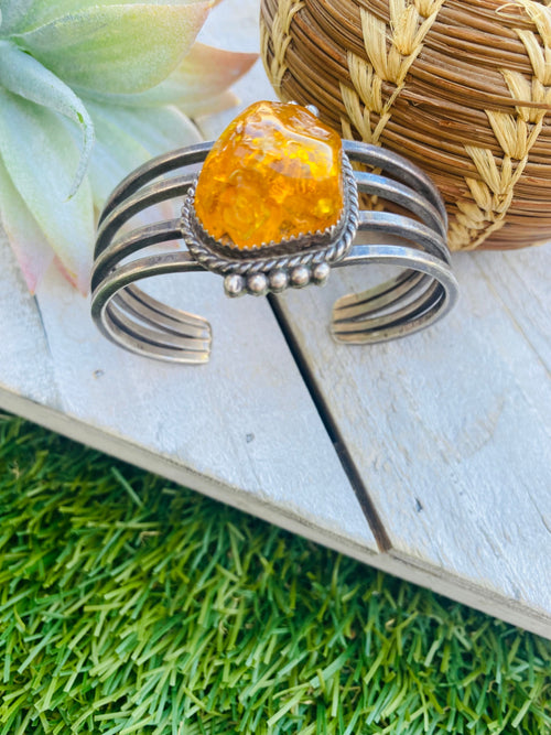 Handcrafted Vintage Topaz & Sterling Silver Cuff Bracelet Signed