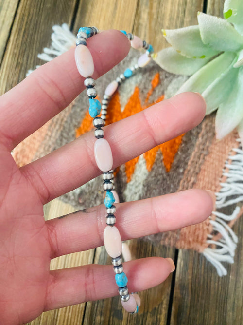Handcrafted Sterling Silver Pearl, Turquoise & Queen Pink Conch Beaded Necklace 18”