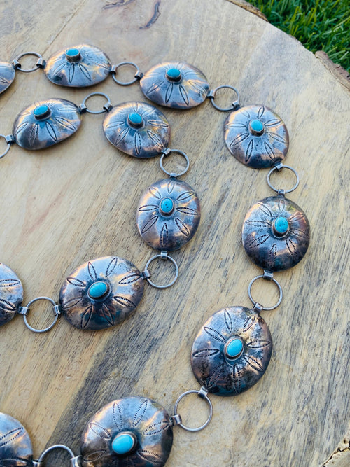 Handcrafted Vintage Turquoise & Sterling Silver Concho Belt