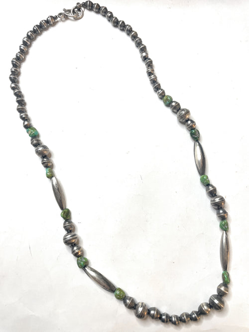 Handcrafted Sonoran Gold Turquoise And Sterling Silver Beaded Necklace 24”