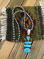 Navajo Sterling Silver, Turquoise & Coral Beaded Necklace by Bobby Johnson