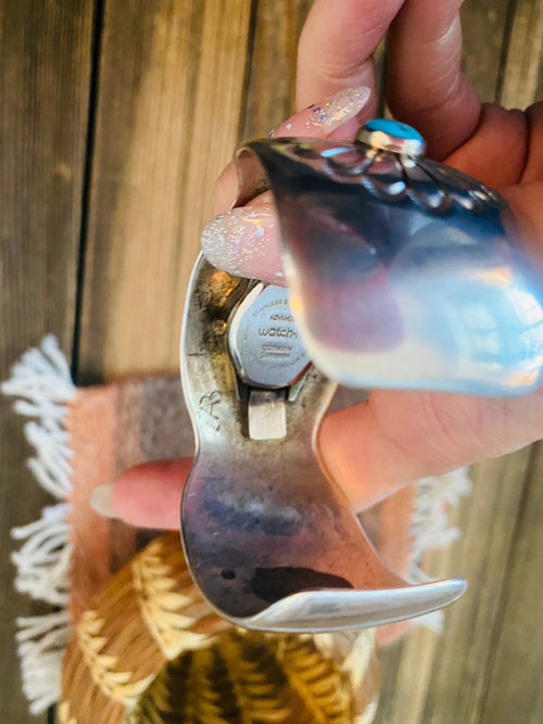 Old Pawn Vintage Navajo Turquoise & Hand Stamped Sterling Silver Watch Cuff-
