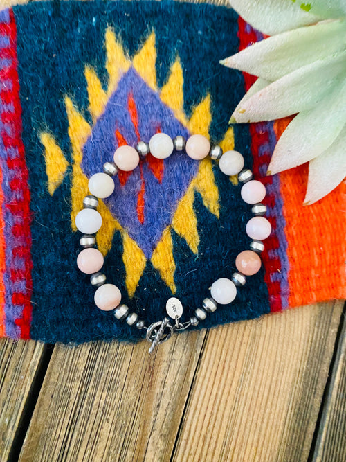 Handcrafted Queen Pink Conch Shell & Sterling Silver Beaded Bracelet