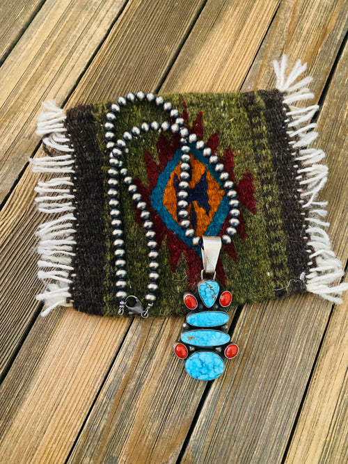 Navajo Sterling Silver, Turquoise & Coral Beaded Necklace by Bobby Johnson
