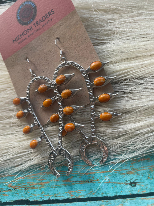 Handcrafted Sterling Silver & Orange Spiny Squash Blossom Dangle Earrings Signed